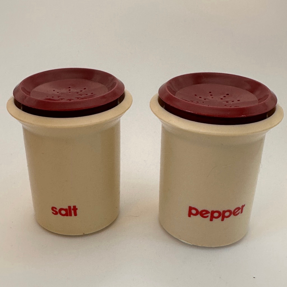 Vintage Cream & Red Plastic Salt and Pepper Shakers – Retro Kitchen Set